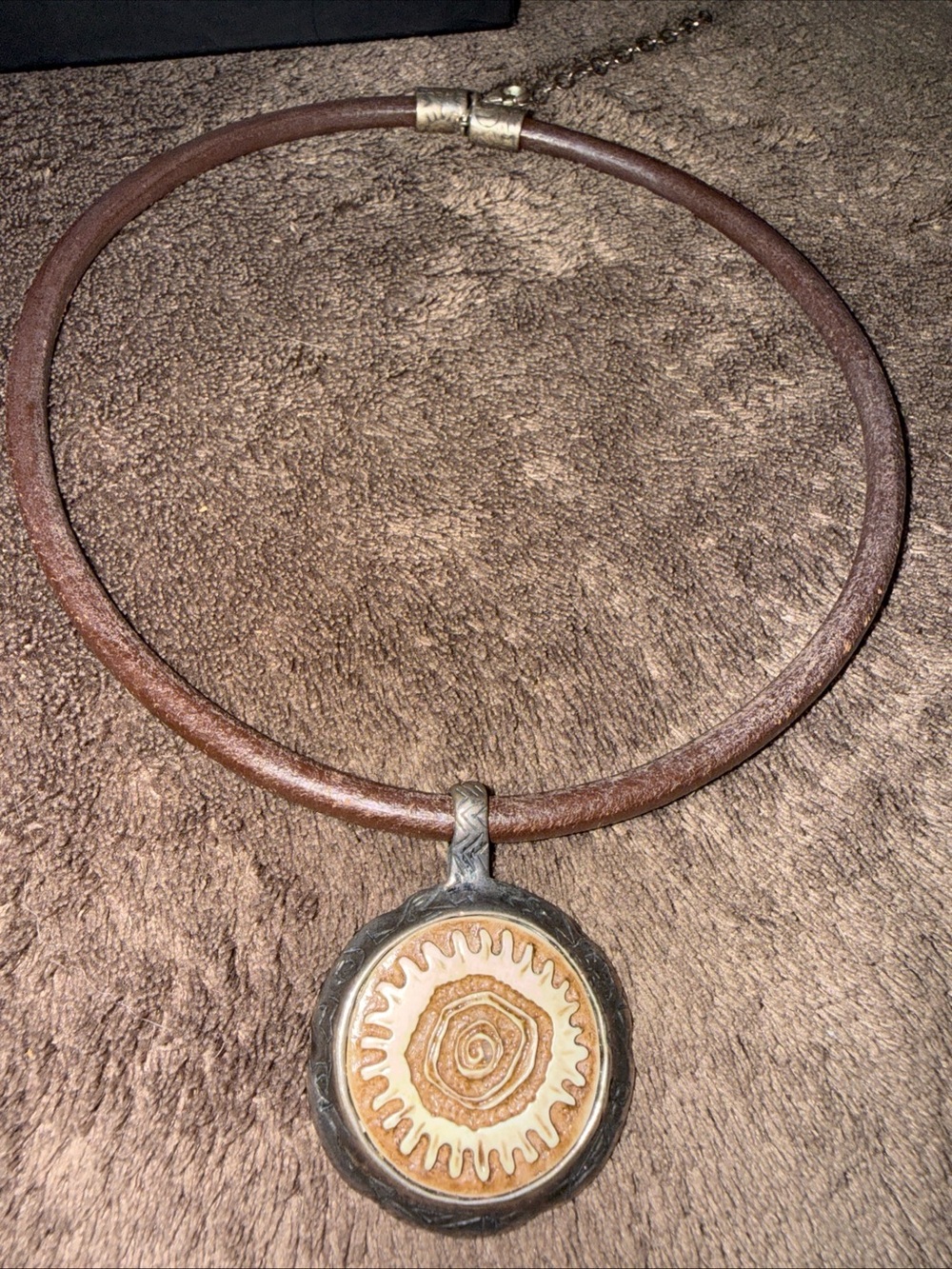 Robert Shields Design Sterling Silver Necklace Carved Tribal Design leather neck